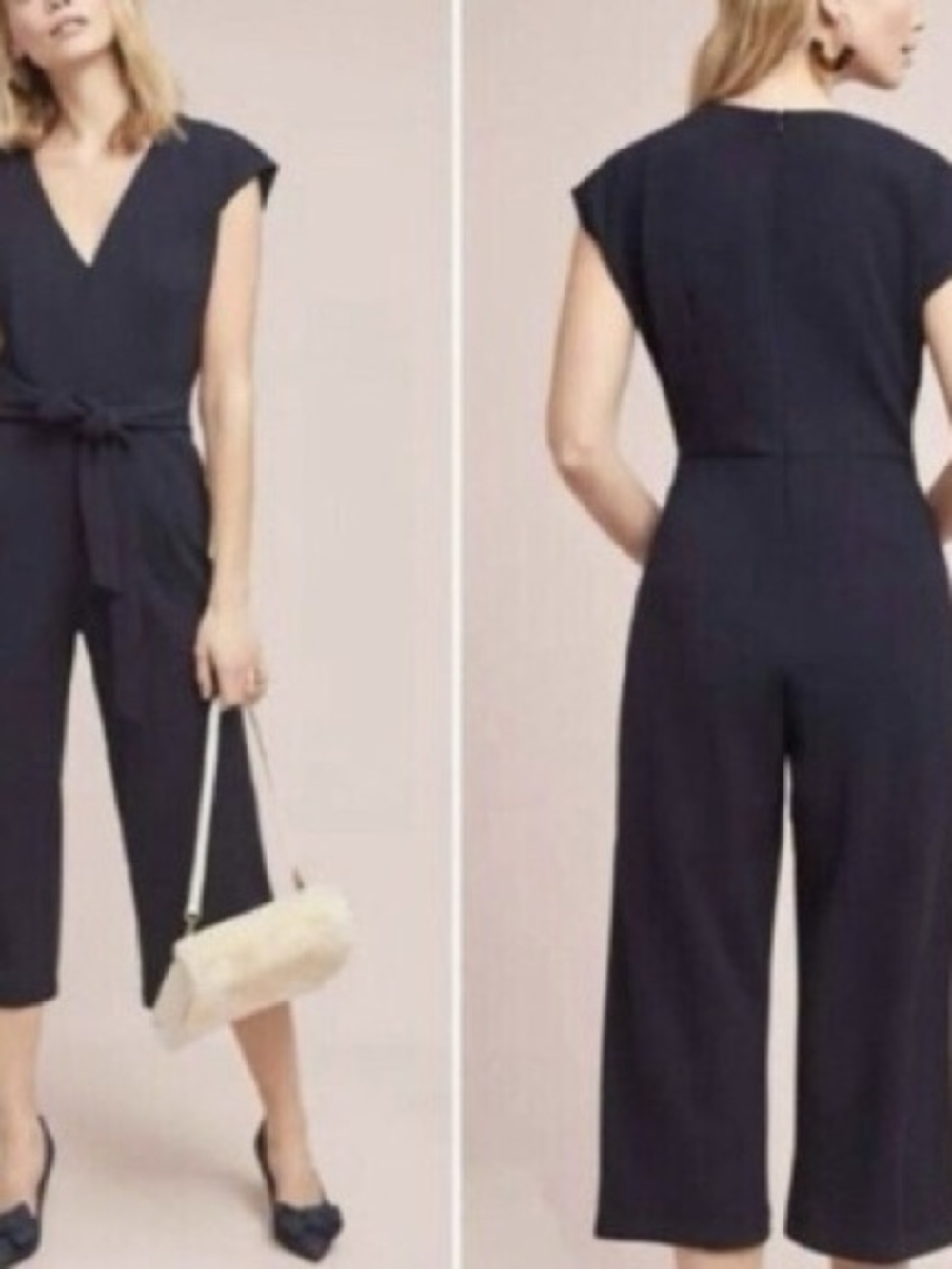 Ett:Twa by Anthropologie Black Wide Leg Jumpsuit XS Tie Waist Pockets Minimalist